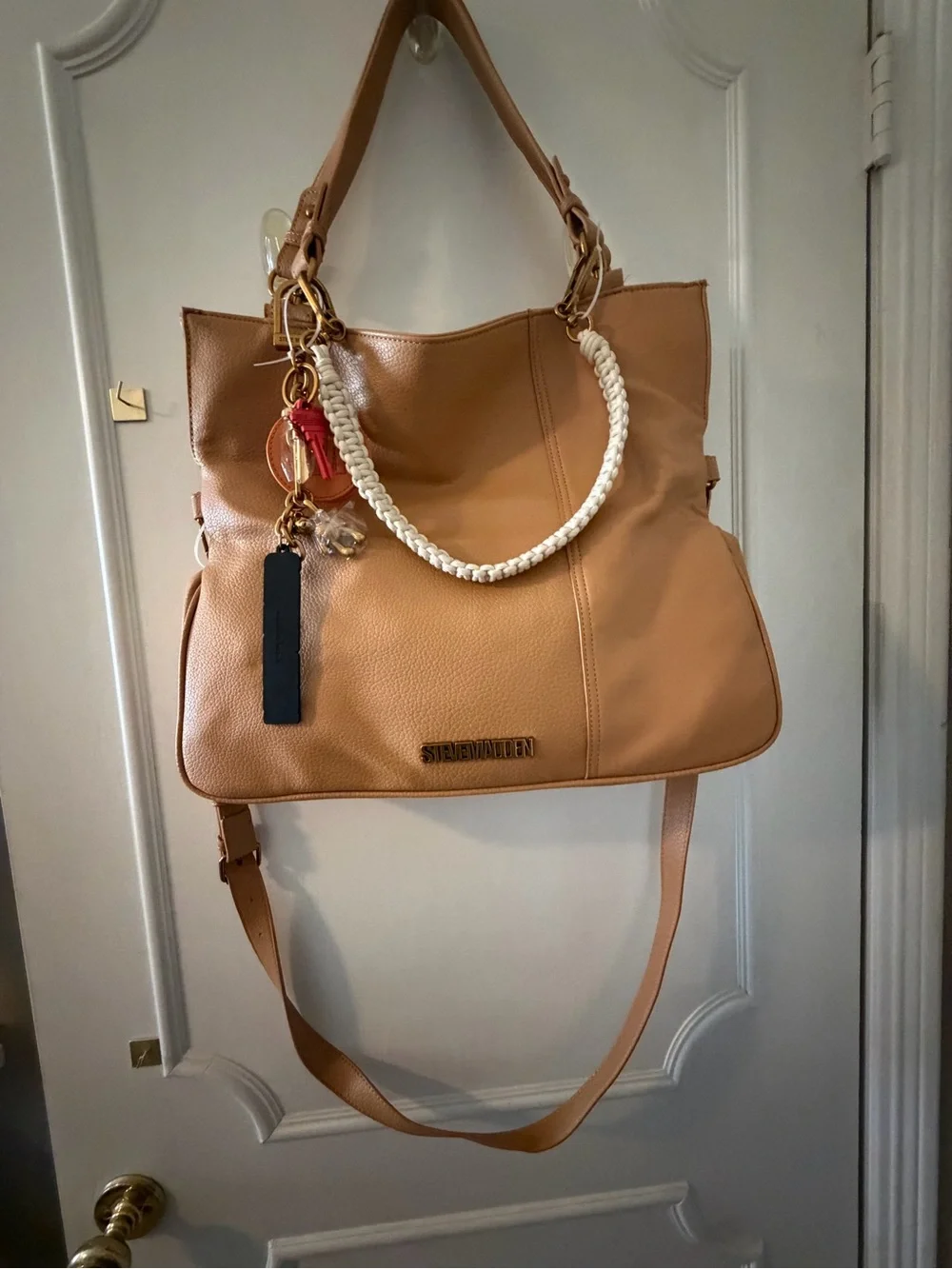 Steve Madden Camel/Tan Leather Tote with Charm and Braided Handle